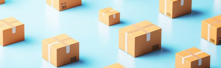 Cardboard boxes arranged in a pattern on light blue background, concept of shipping