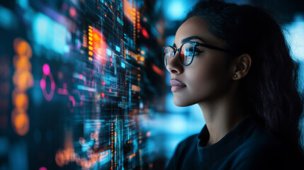 Woman in glasses looking at digital screen data interface in dark room