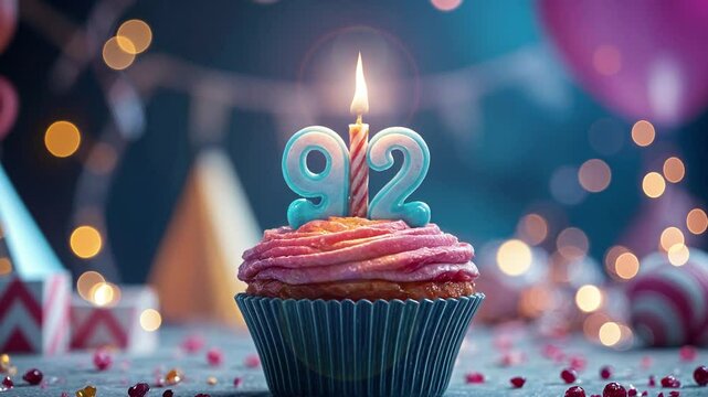Birthday cupcake with burning lit candle with number 92. Number ninety-two for ninety-two years or ninety-second anniversary.