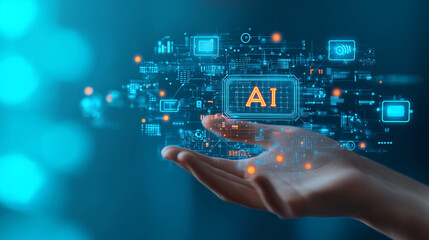 Hand holding AI and technology icon on blue background. Concept of artificial intelligence help, tools that work with AI, use of artificial intelligence to improve and enhance development.