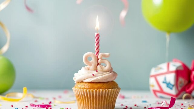 Birthday cupcake with burning lit candle with number 95. Number ninety-five for ninety-five years or ninety-fifth anniversary.