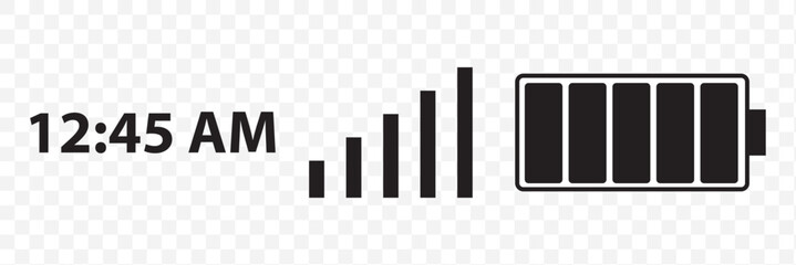 Set of status bar icon. Mobile phone system icons. Signal, wifi, and battery vector illustration on 
Transparent background. EPS 10.