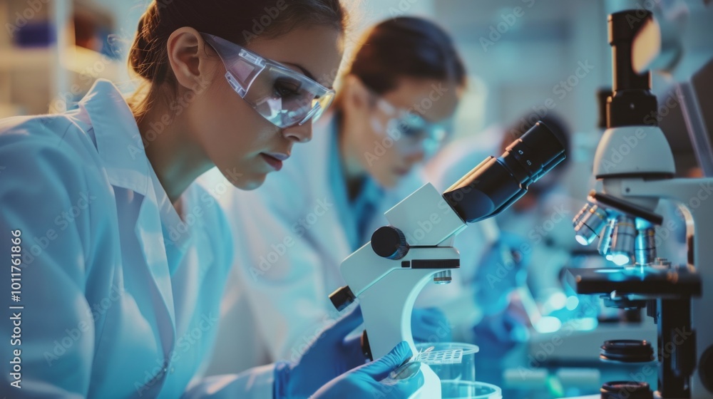 Poster a woman in a lab coat is looking through a microscope at a sample