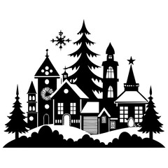 Christmas village tree with house and snow Black Silhouette vector illustration on white background