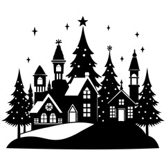 Christmas village tree with house and snow Black Silhouette vector illustration on white background