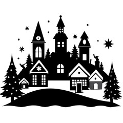 Fototapeta premium Christmas village tree with house and snow Black Silhouette vector illustration on white background