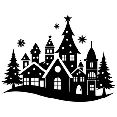 Obraz premium Christmas village tree with house and snow Black Silhouette vector illustration on white background