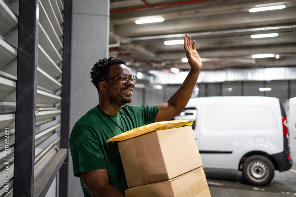 Wall mural Postal worker waving to his colleague while loading delivery truck with shipment.