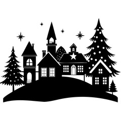 Obraz premium Christmas village tree with house and snow Black Silhouette vector illustration on white background
