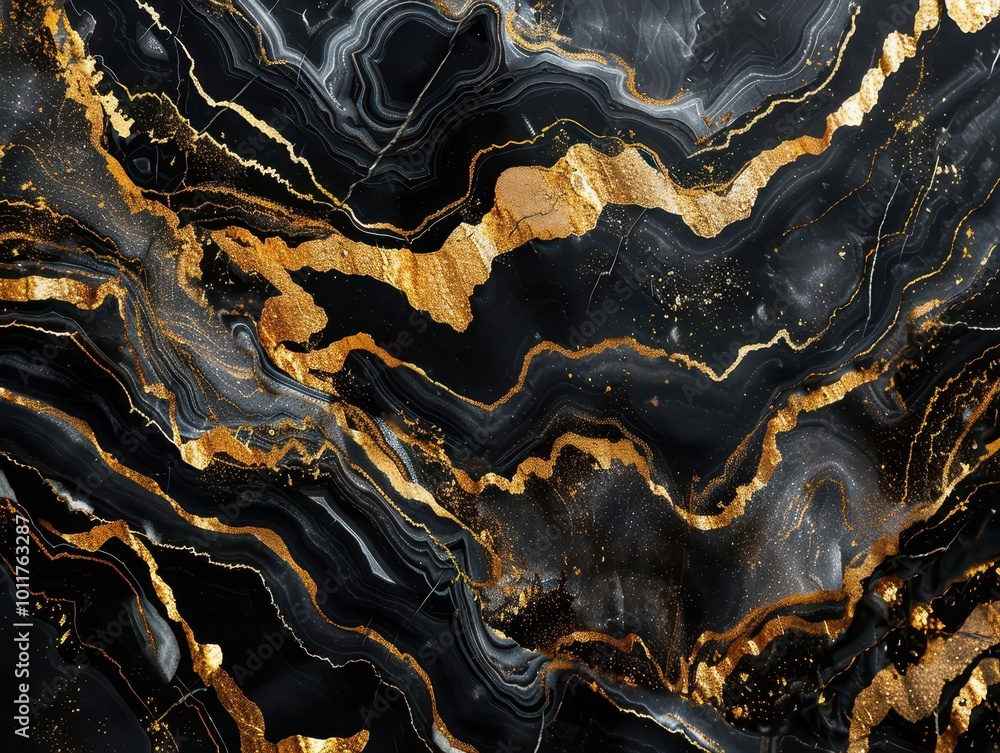 Poster luxurious black and gold marble swirls intertwining in an abstract pattern, creating a mesmerizing d