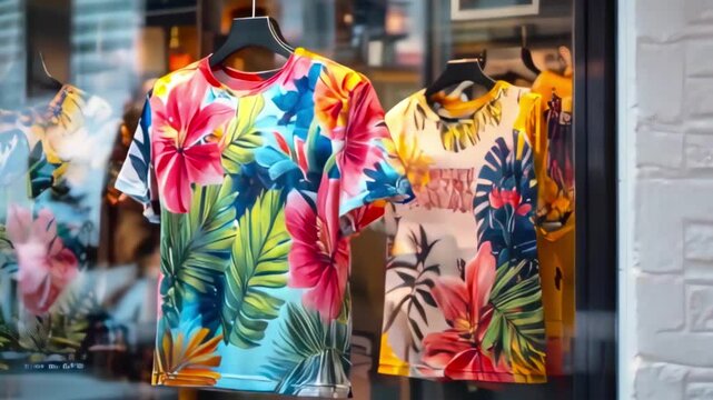 Colorful Tropical Shirts Hanging on a Rack in a Clothing Store, Representing Fashion, Style, Summer Vibes