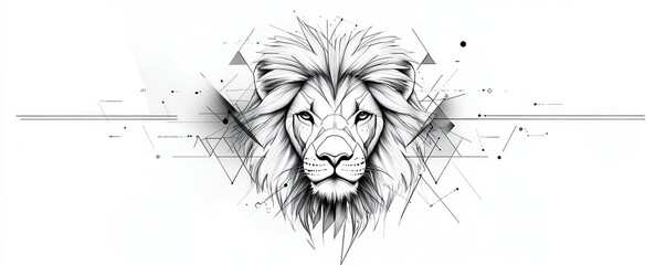 Abstract line drawing of majestic lion as intricate tattoo design with geometric patterns and artistic style