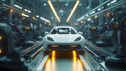 Fototapeta premium Futuristic Car Assembly Line 3D Illustration