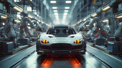 Fototapeta premium 3D Illustration of a White Car on an Assembly Line