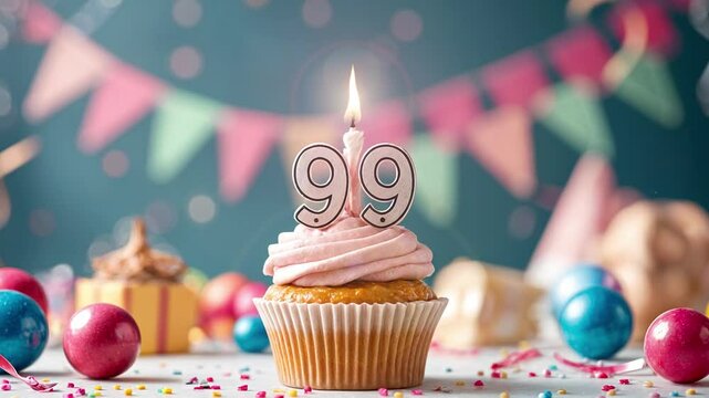 Birthday cupcake with burning lit candle with number 99. Number ninety-nine for ninety-nine years or ninety-ninth anniversary.