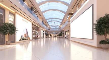 A spacious, modern shopping mall with a bright, open design and empty storefronts.