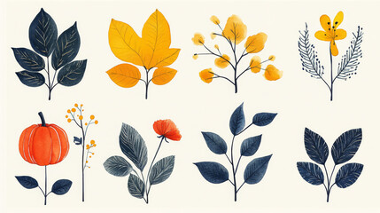 Obraz premium Watercolor autumn leaves and floral elements in shades of yellow, blue, and orange.