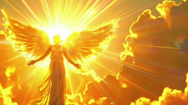 A powerful archangel with a golden sword and glowing halo clouds, earth below. angel's wings light beams thick clouds. The sky turns brighter, 4k anime-style religious Animation Video