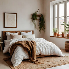 A bedroom with a bed, a window, and a plant
