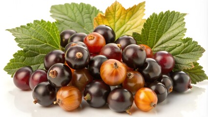 Fototapeta premium A pile of ripe black currants with leaves on a white background.