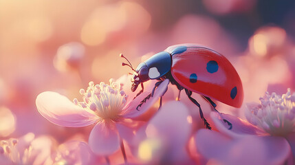 Ladybug on Pink Flower 3D Illustration