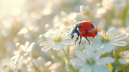 Obraz premium Ladybug on White Flower in Springtime Field - 3D Illustration