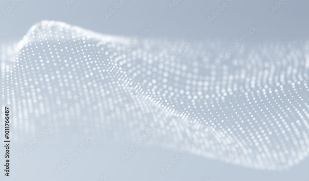 Poster technology artificial intelligence particles banner. dots dust blurred ai big data waves neon white 