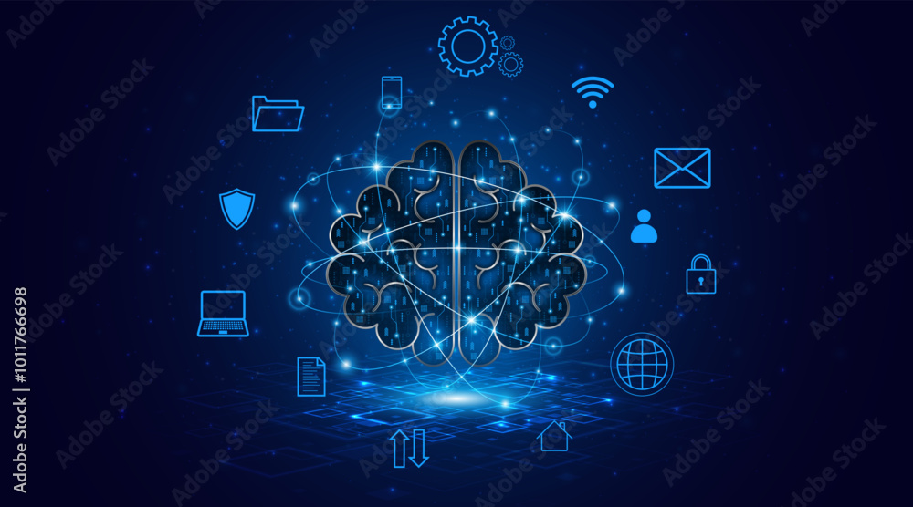 Poster Circuit board of computer neural network or electronic artificial intelligence. Brain circuit technology. modern technology innovation concept background	