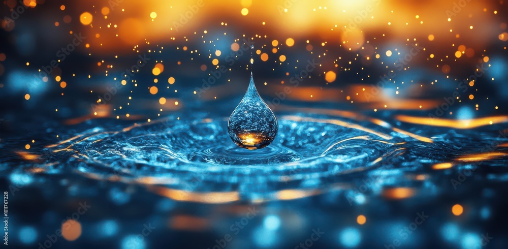 Poster a mesmerizing single water droplet surrounded by dynamic splashes and glowing particles in a vibrant