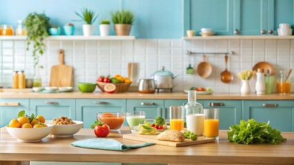 Healthy meal at pastel blue kitchen cozy design