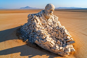 A crumbling statue of a philosopher, partially buried in the desert sands, symbolizing the erosion of ideals and values central to nihilism
