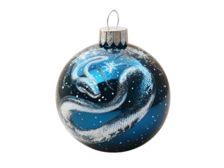 Blue Christmas ball ornament with a silver snake illustration and snowflake patterns, isolated on a transparent background, 2025 holiday decor and winter theme for seasonal celebrations and New Year
