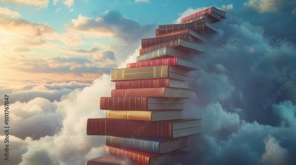 Poster surreal floating staircase of books ascending into cloudy sky, symbolizing knowledge and personal gr