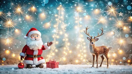 Santa Claus and a reindeer surrounded by sparkling lights and a snowy, festive background.