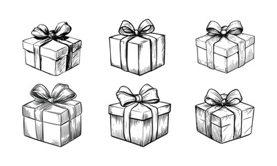 Set of beautiful carton box decorated with ribbon and bow as a happy birthday gift black isolated on white. Hand drawn vector sketch illustration in doodle engraved vintage line art style. Christmas
