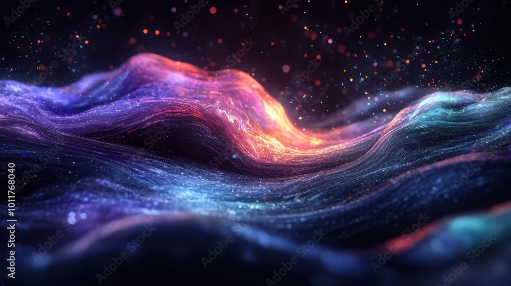 Poster surreal holographic blob floating in dark void, radiating otherworldly iridescence and liquid-like u