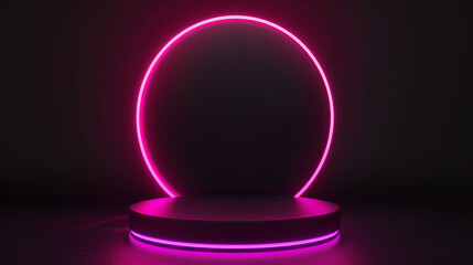 A glowing pink circular stage with neon lights shines brightly against a dark background in a modern gallery space