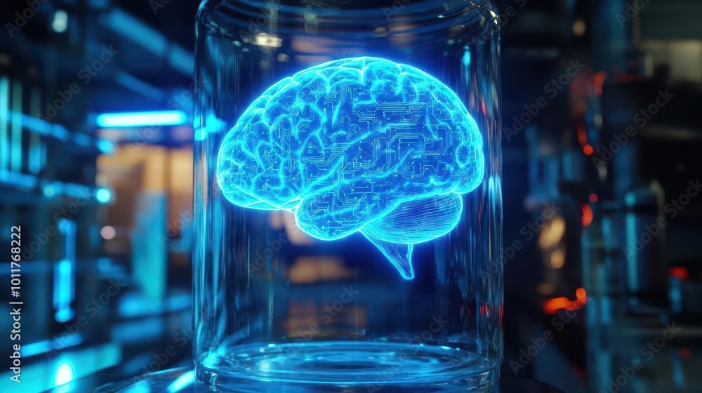 Poster surreal image of a glowing, circuit-patterned brain suspended in a clear jar. eerie blue light empha