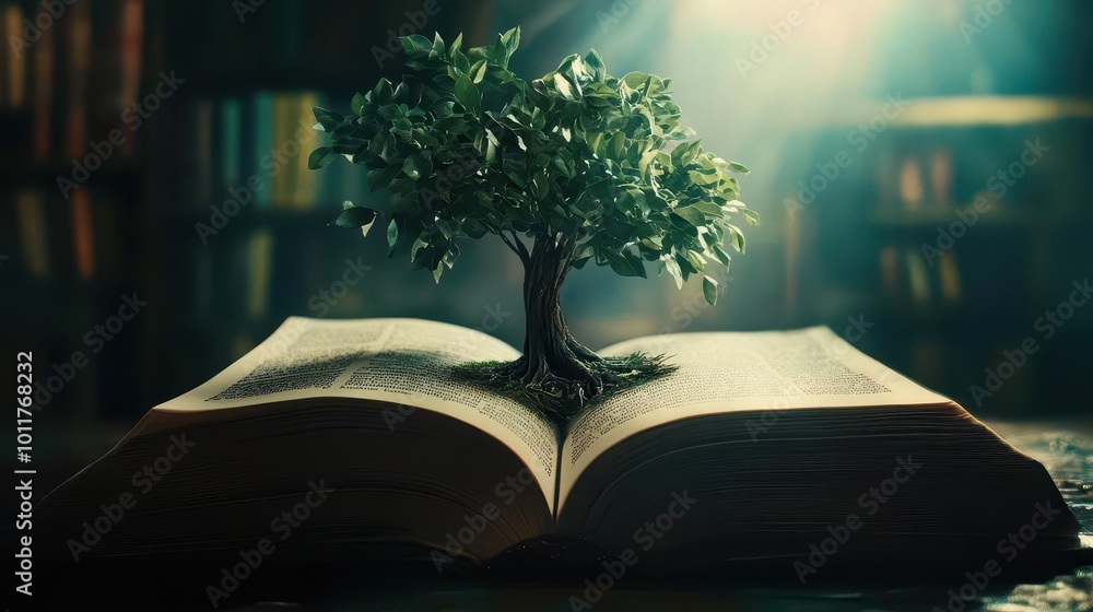 Poster surreal image of an open book with a lush tree growing from its pages, symbolizing knowledge, growth