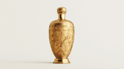 Elegant gold urn with intricate floral engravings displayed on a neutral background showcasing craftsmanship and design