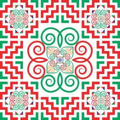 The design of the pattern imitates the ethnic embroidery of the Hmong tribe. It has a unique pattern in green and red tones for use in designing clothes, blankets, wallpaper, and tiles.