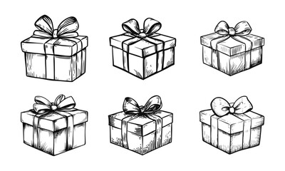 Set of beautiful carton box decorated with ribbon and bow as a happy birthday gift black isolated on white. Hand drawn vector sketch illustration in doodle engraved vintage line art style. Christmas
