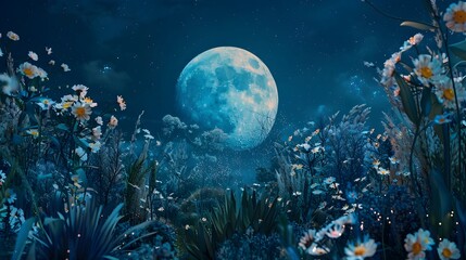 Obraz premium Celestial Garden Bioluminescent Plants Glowing in Moonlit Sanctuary