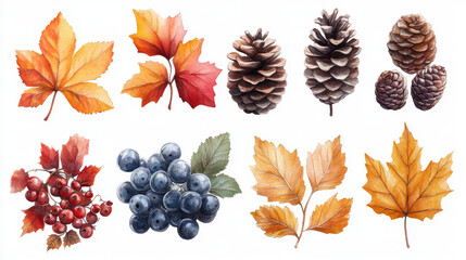Naklejka premium Watercolor illustration of fall leaves, berries, and pine cones.