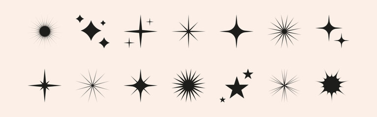 Set of shiny sparkle, star and sun shapes. Abstract vector glow, explosion and blink effects for celebrate party design. Twinkle glitter and flash graphic elements. Isolated illustrations.