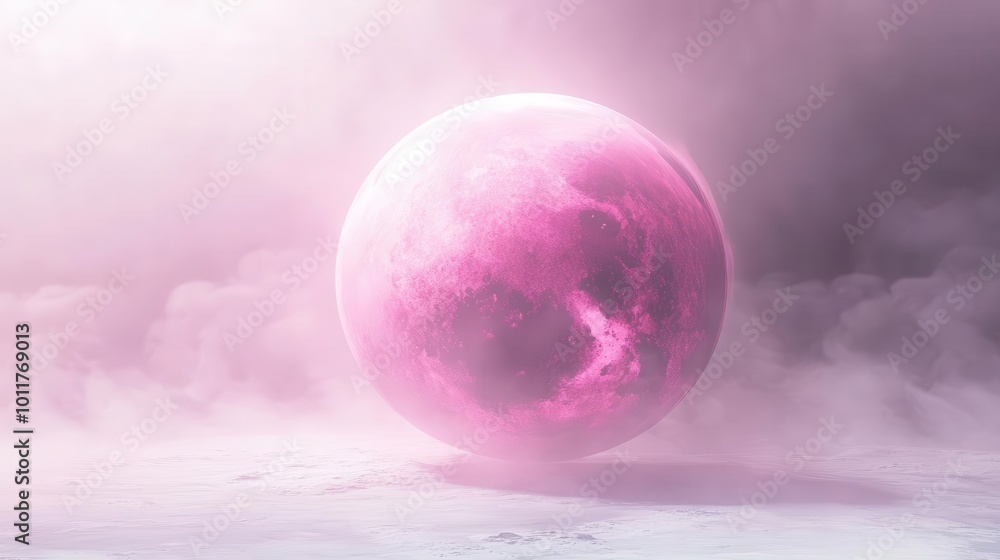 Poster surreal pink planet floating in stark white void. ethereal glow, subtle craters, and delicate atmosp