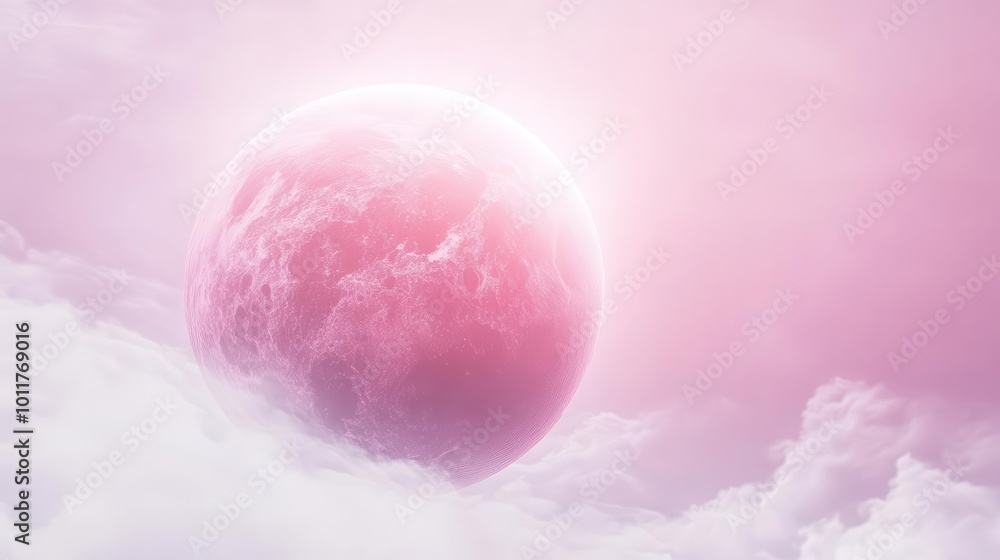 Poster surreal pink planet floating in stark white void. ethereal glow, subtle craters, and delicate atmosp