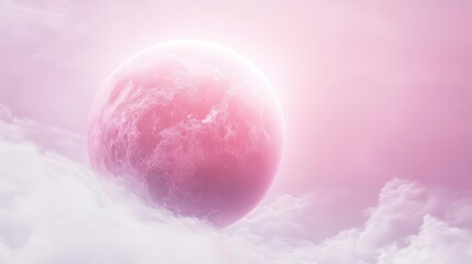 surreal pink planet floating in stark white void. ethereal glow, subtle craters, and delicate atmospheric haze create otherworldly celestial body.