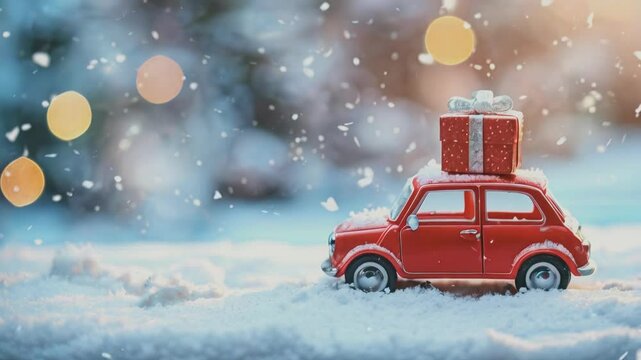 A small red toy car with a gift box on its roof drives through a snowy winter scene. Snowflakes gently fall around the scene, and warm glowing lights create a cozy and festive holiday atmosphere.