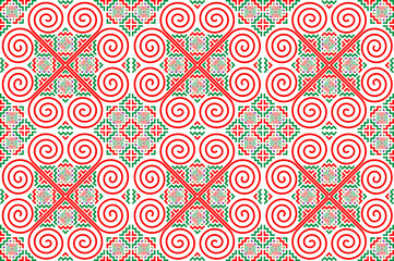 The design of the pattern imitates the ethnic embroidery of the Hmong tribe. It has a unique pattern in green and red tones for use in designing clothes, blankets, wallpaper, and tiles.